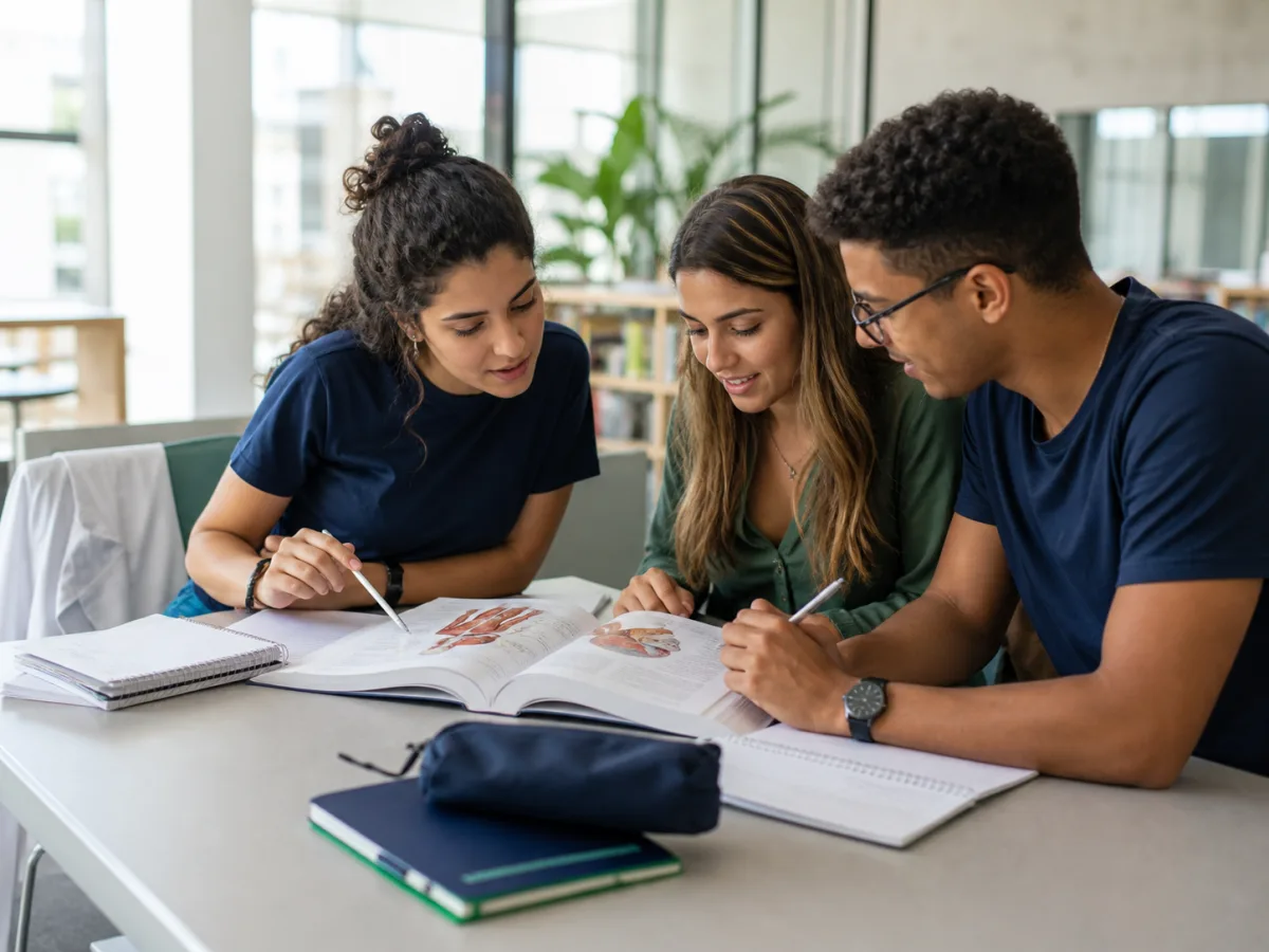 Grupo de estudantes de medicina reunido em uma sessão de estudos